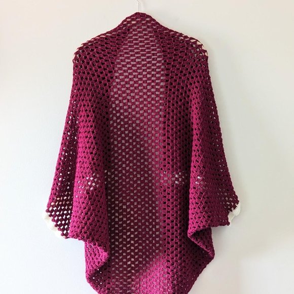 VINTAGE Burgundy Knit Shawl  Short Sleeve Shawl Cardigan Boho Hippie Festival - Picture 6 of 6